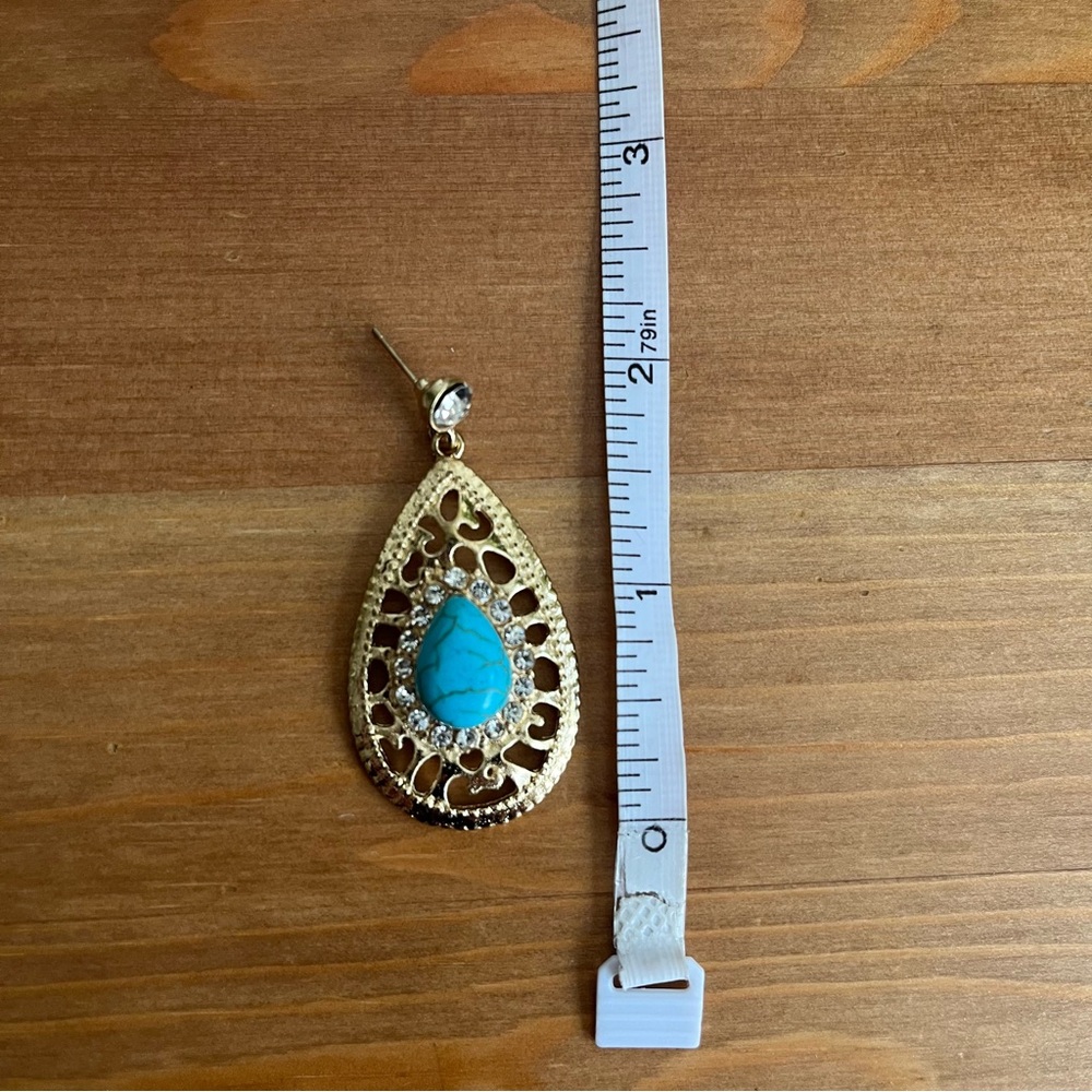 Vintage-look Gold Teardrop Earrings with Faux Turquoise Stone - Women Jewelry - Picture 6 of 7